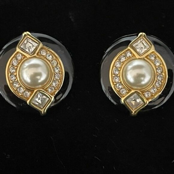 Swarovski black enamel Faux Pearl Crystals Brooch Earring Set Excellent new cond - Picture 2 of 7